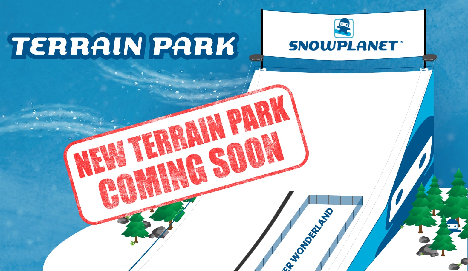 Slope map at Snowplanet. Says "New Terrain Park coming soon"